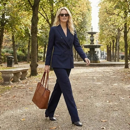 Women's 2 Piece Set Fashionable Long Sleeve Navy Blue Collar V-neck Suit Coat Straight Pants Suit New Matching Sets Office Lady