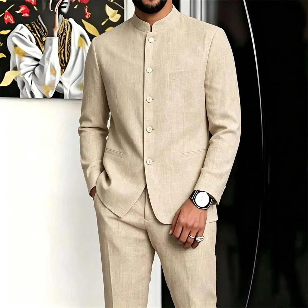 Chinese Suit for Men 2 Piece Suits Slim Fit Chinese Tunic Suits Stand Collar Weddig Prom Suit Blazer Pants Set Outfit