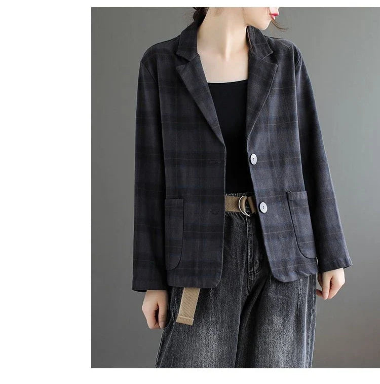 Fashion Chic Cotton Plaid Blazer Female Spring and Autumn New Literary Retro Elegant Commuter Small Incense Wind Jacket Women