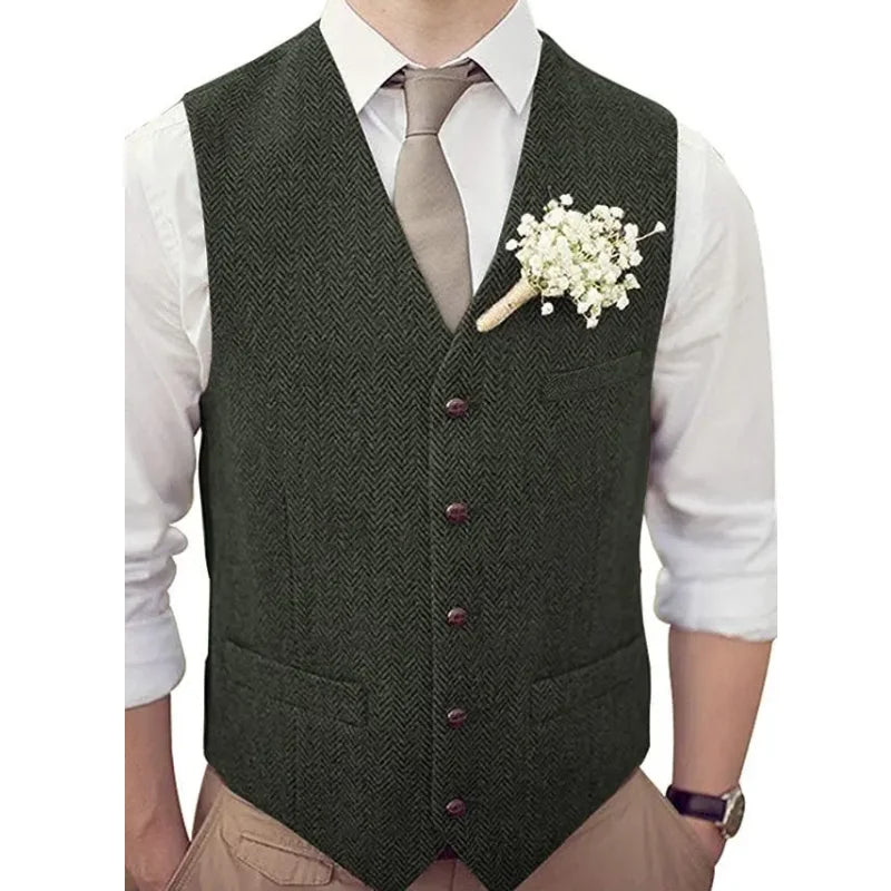 Men's Vest Herringbone V-Neck Single Button Waistcoat for Wedding, Business & Casual Wear