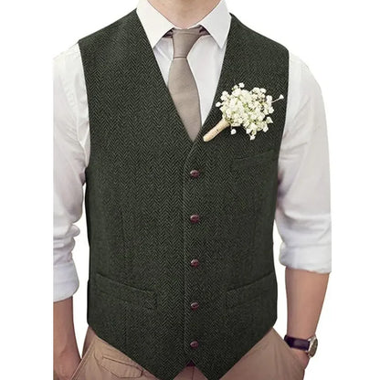 Men's Vest Herringbone V-Neck Single Button Waistcoat for Wedding, Business & Casual Wear