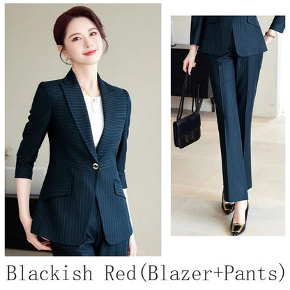 Caramel Green Striped Ladies Pant Suit 2025 Autumn Women Business Work Wear Single Button Jacket and Trouser Blazer 2 Piece Set