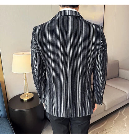 High Quality Plush Striped Fashion casual Suit Jacket Autumn Winter New Men Slim Fit Business Formal Social Prom Party Tuxedos