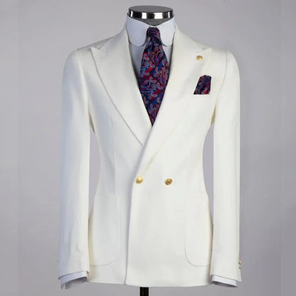 Men Suit 2 Piece Ivory Solid With Lapel Double Button For Wedding Business Banquet Party Work Daily Jacket And Pants