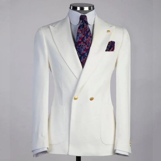 Men Suit 2 Piece Ivory Solid With Lapel Double Button For Wedding Business Banquet Party Work Daily Jacket And Pants