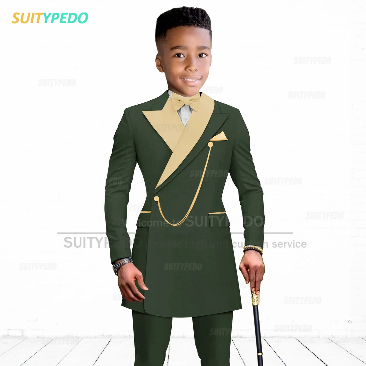 Brief Kids Suit Set  Formal Evening Prom Boys Stylish Gold Lapel Blazer And Pants Two Pieces Children Baptism Formal Costumes