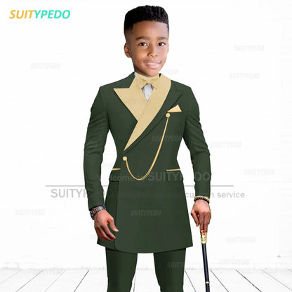 Brief Kids Suit Set  Formal Evening Prom Boys Stylish Gold Lapel Blazer And Pants Two Pieces Children Baptism Formal Costumes