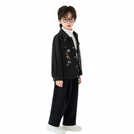 2026 New Autumn Winter Boys' Embroidered Suit Set 90-170 Children's Casual Jackets Pants 2Pieces Clothing Set