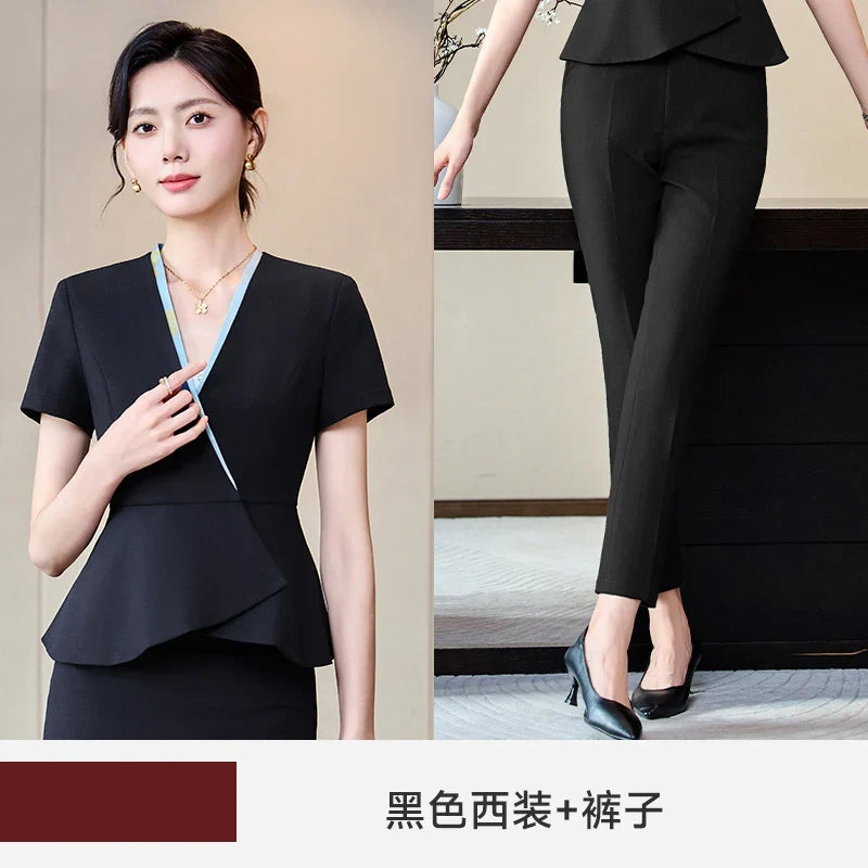 Fashionable professional women's clothing, high-quality short-sleeved suit jacket + pants set, slim and comfortable
