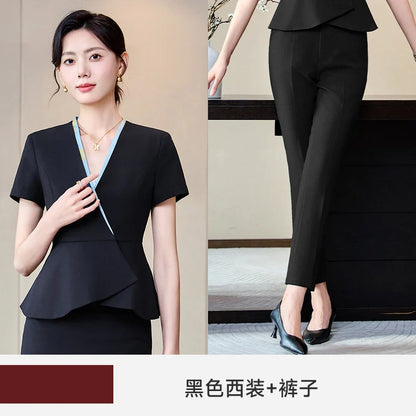 Fashionable professional women's clothing, high-quality short-sleeved suit jacket + pants set, slim and comfortable