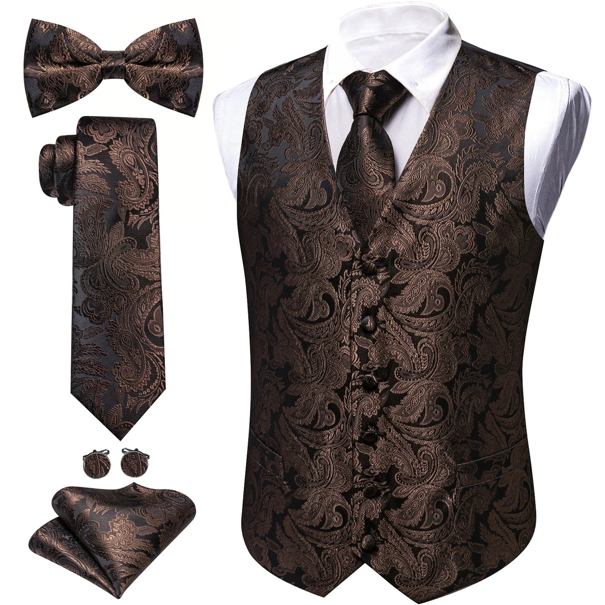 Men's Jacquard Suit Vest Set with Tie, Bow Tie, Pocket Square & Cufflinks – Wedding & Formal