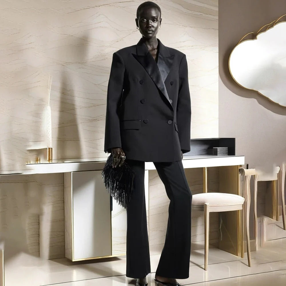 Dramatic Women's Black Oversized Blazer Suit Satin Peaked Lapel Double Breasted Formal 2Pic Jacket+Pants Set Banquet Party Wear