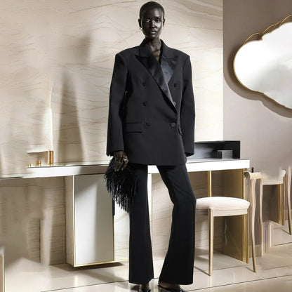Dramatic Women's Black Oversized Blazer Suit Satin Peaked Lapel Double Breasted Formal 2Pic Jacket+Pants Set Banquet Party Wear