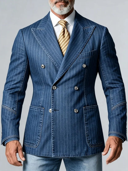 Mens Slim Fit Striped Faux Denim Double Breasted Blazer Vintage Daily Business Casual Jacket
