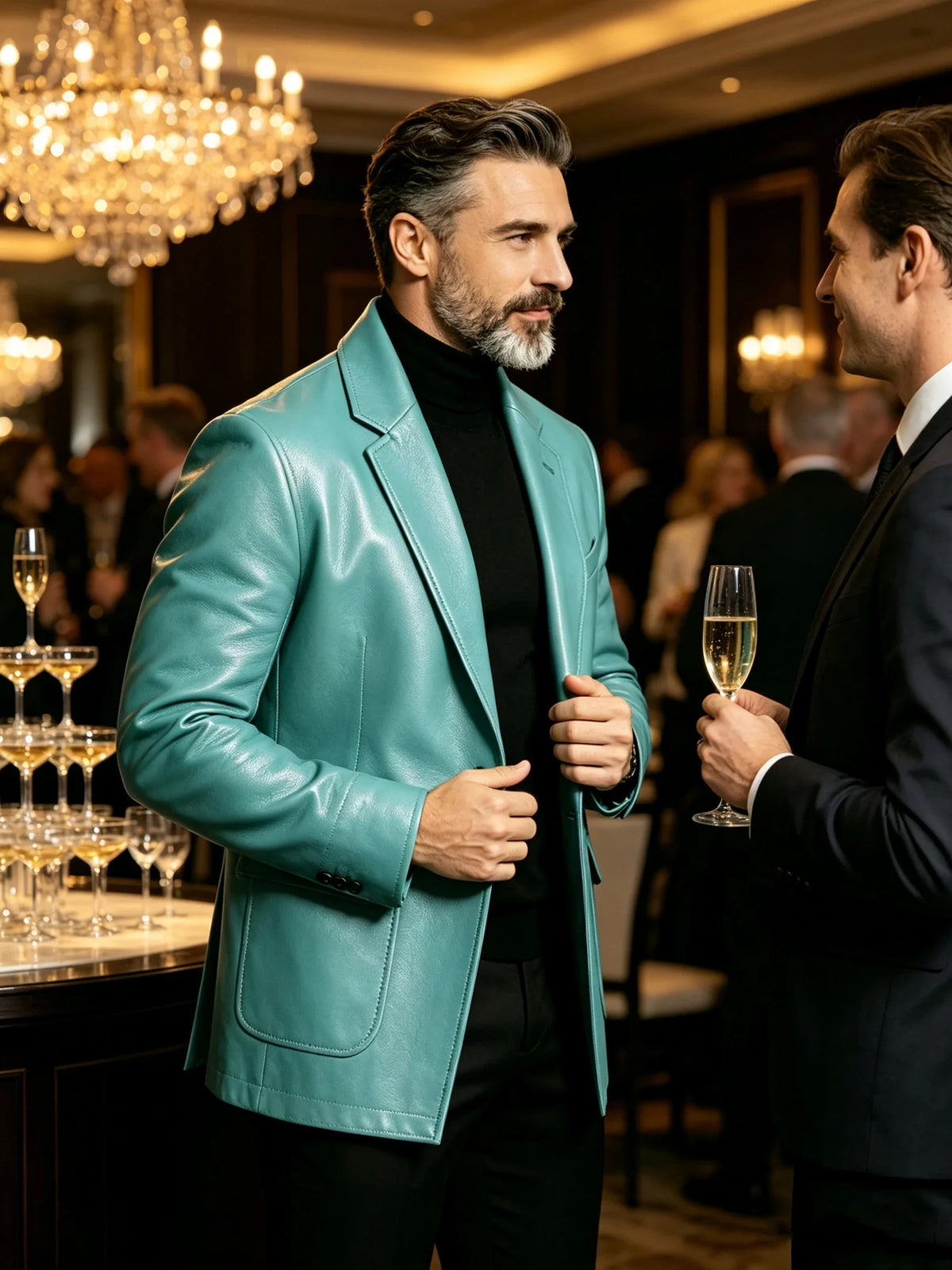 Men's PU Leather Blazer Single Breasted Slim Fit Notched Collar Suit Jacket Motorcycle Sport Coat For Formal Business Party