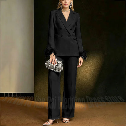 Luxury White Feather Women's Suit Elegant Classic Double Breasted Jacket Pants Formal Evening Party Wedding Guest Outfit