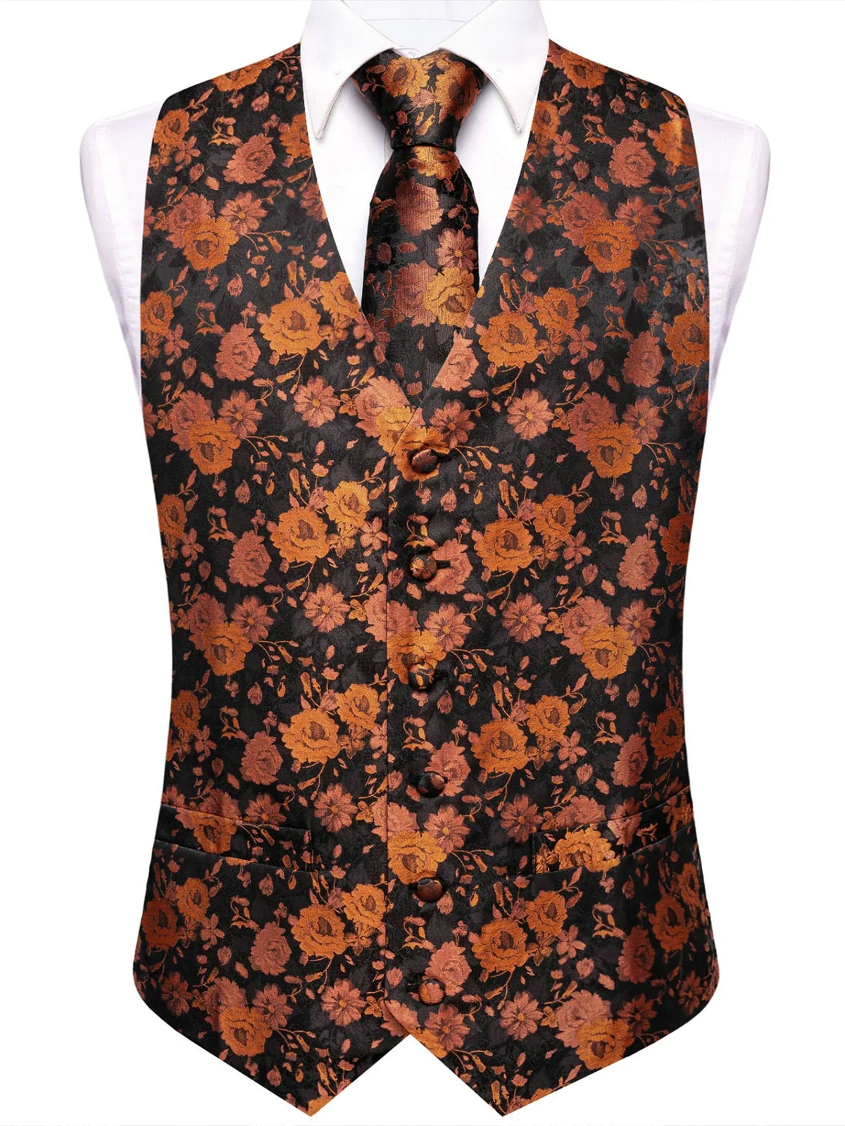 Men's Waistcoat Set Jacquard Floral Black Yellow Formal Wedding Tuxedo
