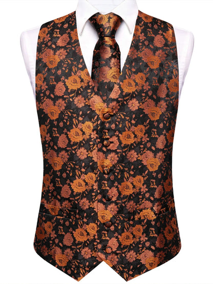 Men's Waistcoat Set Jacquard Floral Black Yellow Formal Wedding Tuxedo