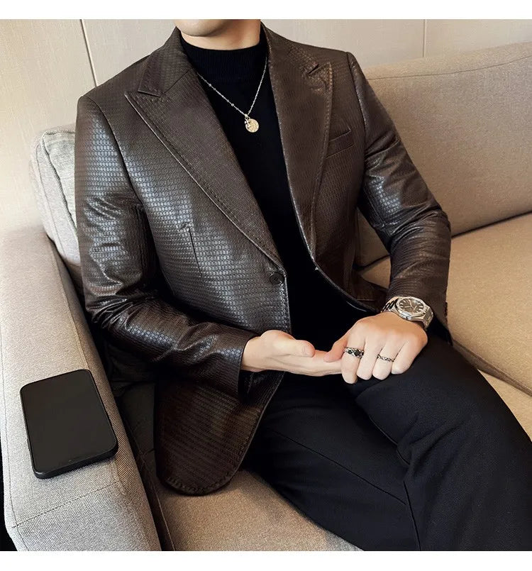 Korean Waffle Leather Suit Jacket Men's Business Casual PU Leather Blazer Slim Fit Wedding Groom Office Social Formal Coats 2026