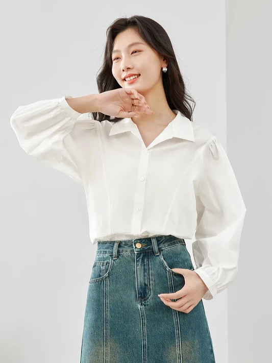 Cotton 100% White Shirt Casual Loose Shirts & Blouses 2026 Autumn New Lapel Lantern Sleeve Tops Women's Clothing M5017