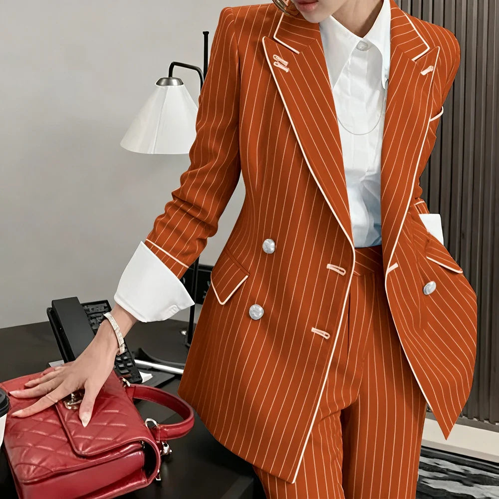 Slim-fit Women's Suit Modern Striped 2 Piece(Jacket+Pants) Set Classic Retro Blazer Daily Office Wear Business Formal Attire