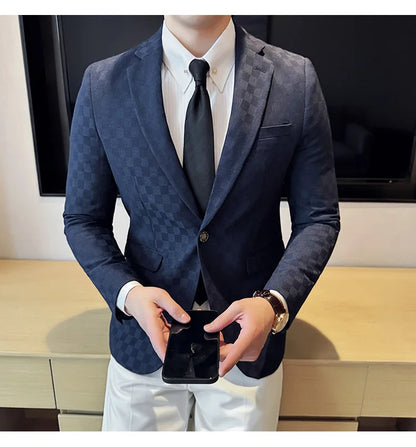 2024 Spring Plaid Blazers Men Single Breasted Casual Business Suit Jacket Fashion Slim Social Banquet Wedding Groom Dress Coats