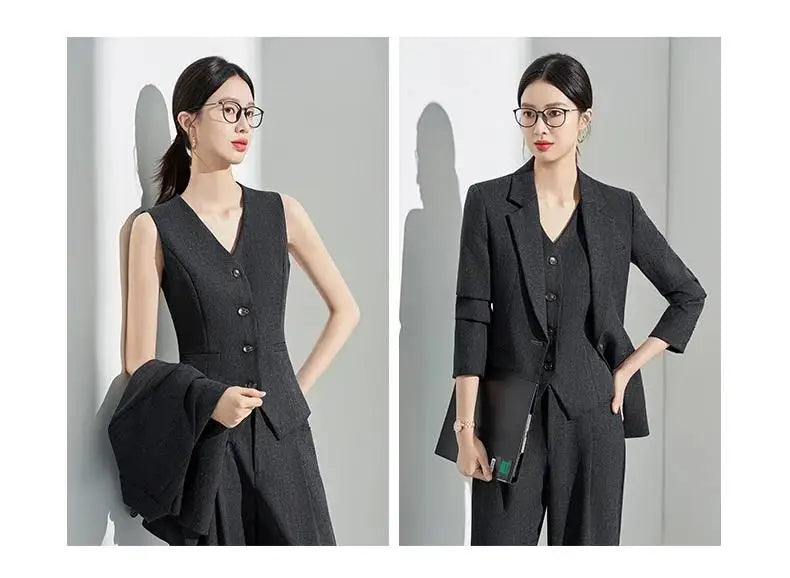 Formal Office Lady Slim Fit 2 Piece Suits Autumn Dark Brown Single Button Blazer And Pants Elegant Business Female Work Wear