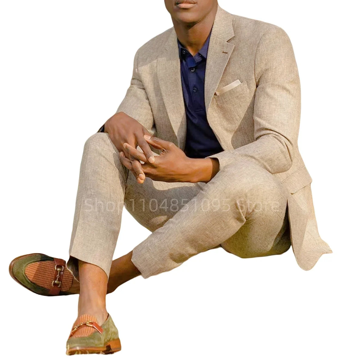 Casual Beige Linen Men Suits Slim Fit Notch Lapel Blazer with Pants High Quality 2 Piece Summer Beach Wedding Costume Homme