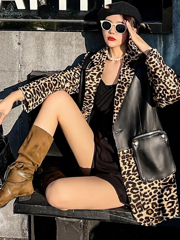 Fashion Women Sheepskin Spliced Mid-Long Blazers Coat Long Sleeve Notched Collar Single Breasted Zipper Pocket Casual Jacket Top
