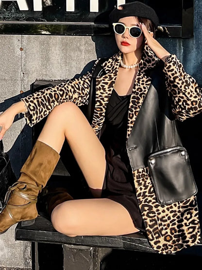 Fashion Women Sheepskin Spliced Mid-Long Blazers Coat Long Sleeve Notched Collar Single Breasted Zipper Pocket Casual Jacket Top