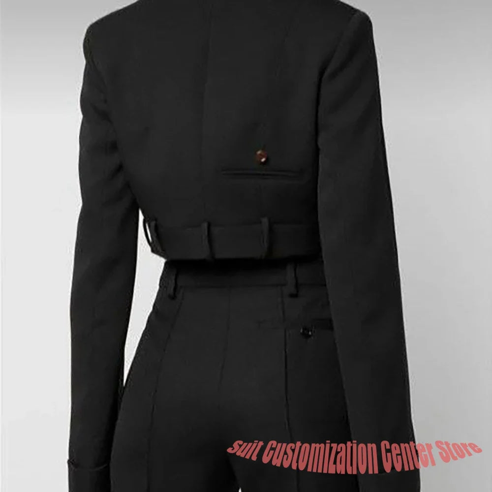 Women’s Black Clothes 2 Piece(Cropped Jacket+Pants) Set Professional Office Lady Suit Formal Evening Party Cocktail Outerwears