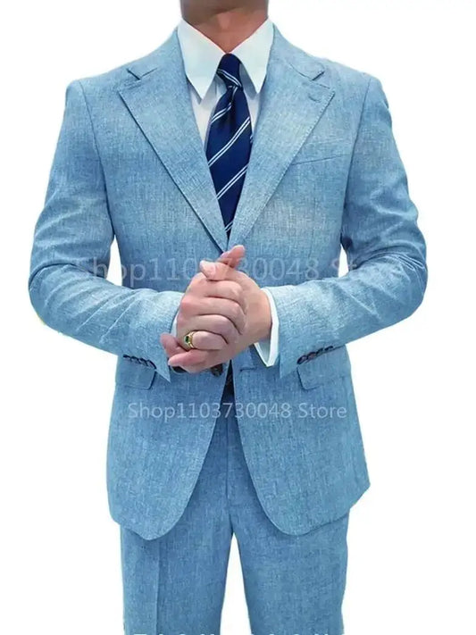 Blue Linen Men Wedding Suits Slim Fit Notched Lapel Two Buttons Jacket with Pants 2 Pieces Sets Casual Groom Tuxedos for Summer