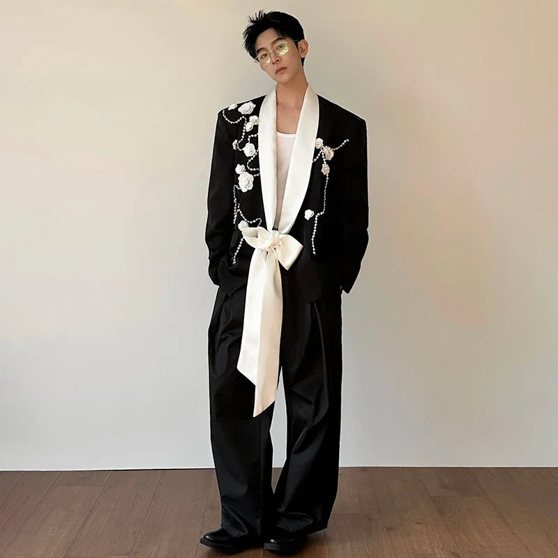 2026 Spring New Fashion Elegant Temperament Ribbon Decorate Blazer Coat Men's Handsome Luxury Casual Male Clothes JY5386