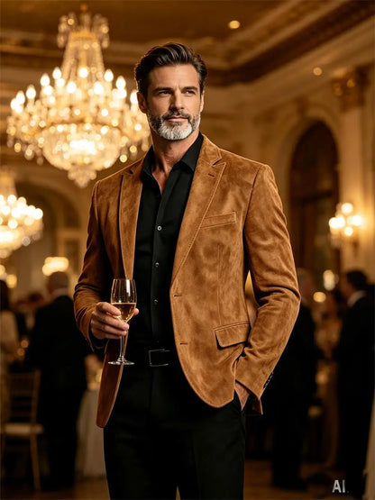 Luxury Men's Suede Blazer Notched Lapel Casual Business Sport Coat Slim Fit Gentleman Formal Wedding Office Suit Jacket Autumn