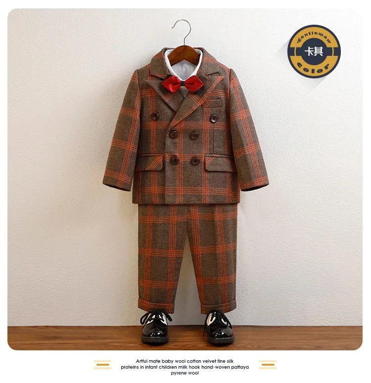 Boys Plaid Double Breasted Tuxedo Set – 4-Piece Formal Suit for Weddings & Special Occasions