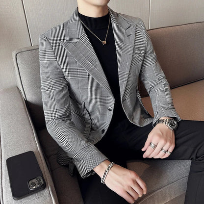 2025 Autumn Winter Classic Checkered Suit Jacket for Men Belt Decoration Slim Fit Casual Business Blazers Social Party Jacket
