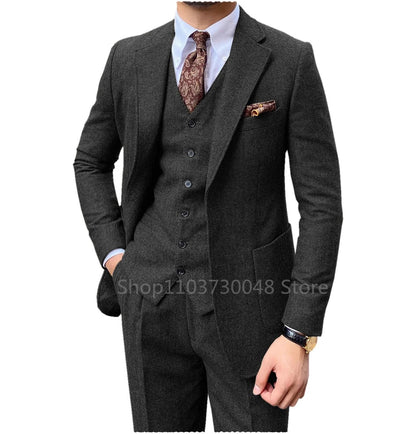 Slim Fit Blue Mens Tweed Herringbone Wedding Suit Prom Groom Tuxedos 3 Piece Notch Lapel Tweed for Business(Blazer+Vest+Pants)
