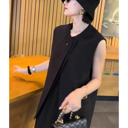 Ladies Solid Color Vest Top Outwear Korean Femme Casual Suit Collar Sleeveless Jacket Spring Women Fashion Loose Waistcoat Coat