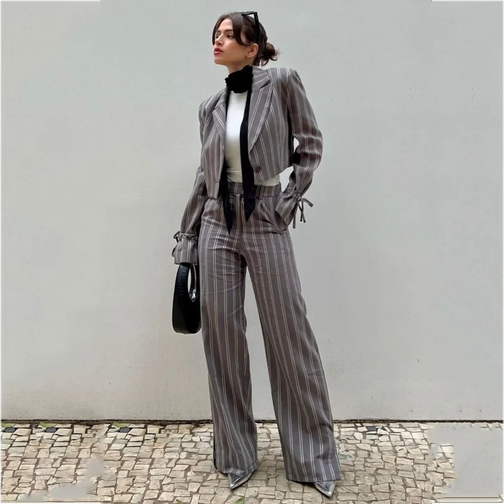 Unique Striped Women Suits Notch Lapel Cropped Blazer Pants Straight Fit Office Business Streetwear Party Fashion Clothes Set