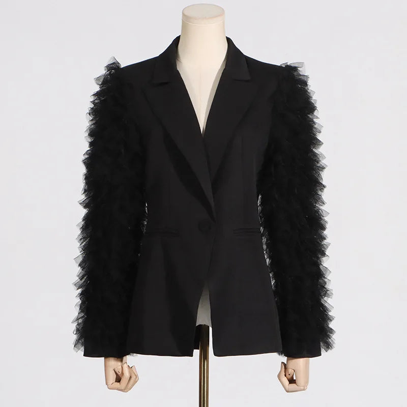 Spring Autumn New Women Blazer Notched Collar Single Button Patchwork Pleated Mesh Long Sleeve Elegant Fashion Coat HK18270