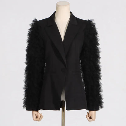 Spring Autumn New Women Blazer Notched Collar Single Button Patchwork Pleated Mesh Long Sleeve Elegant Fashion Coat HK18270