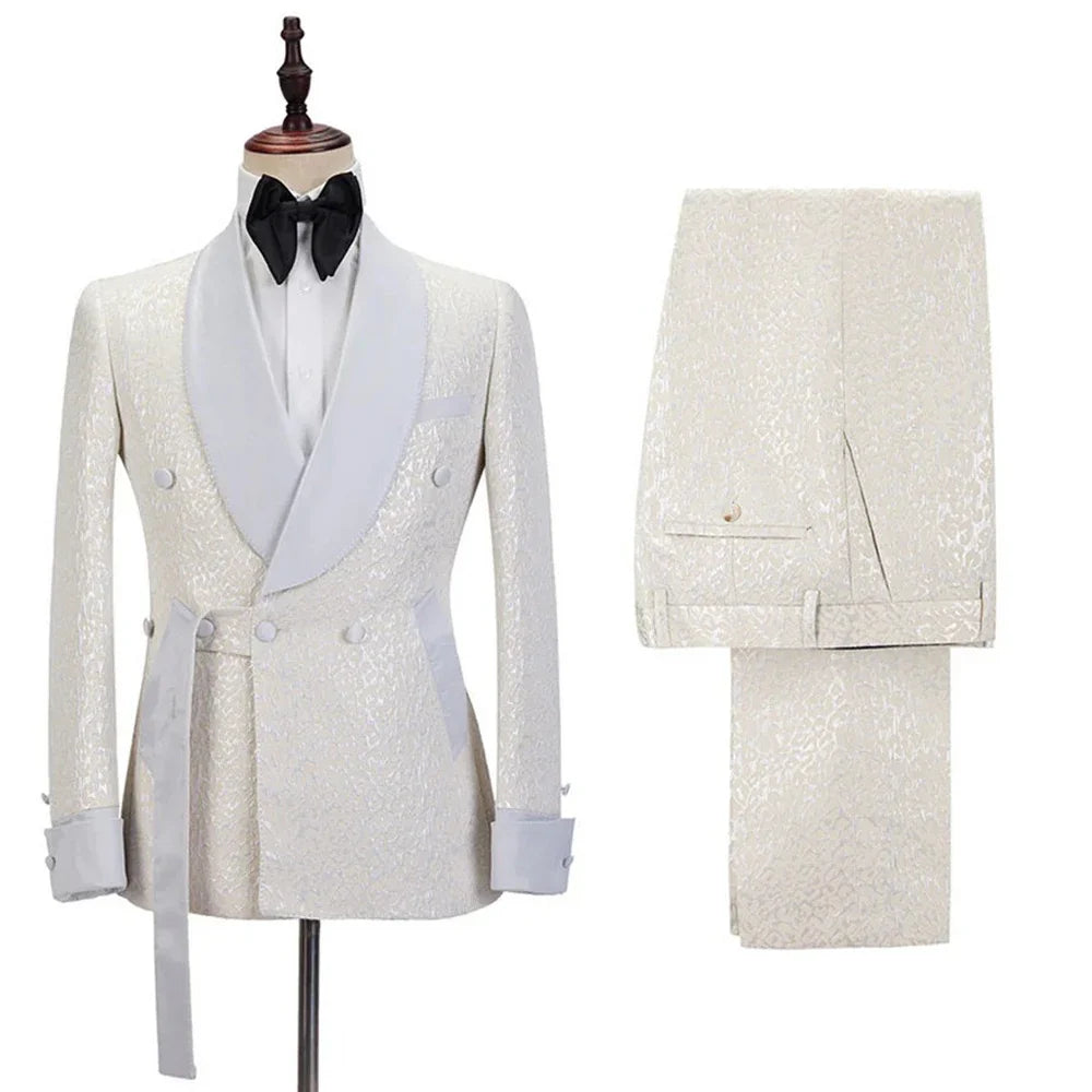 Leisure Men's Suit 2 Pieces Blazer Pants Bow Collar One Button with Belt Wedding Tuxedos Work Business Formal Customized
