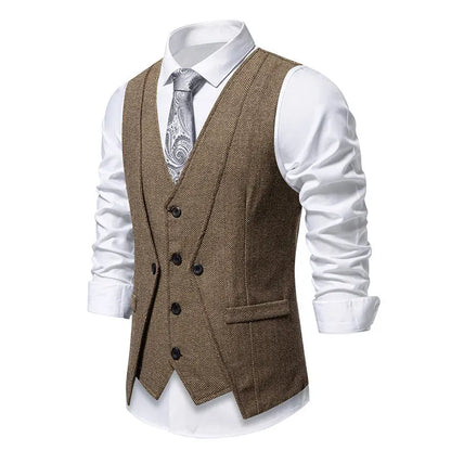 Men's Triple-Breasted Herringbone Tweed Vest – Retro Fake Two-Piece Waistcoat for Weddings & Smart-Casual Occasions