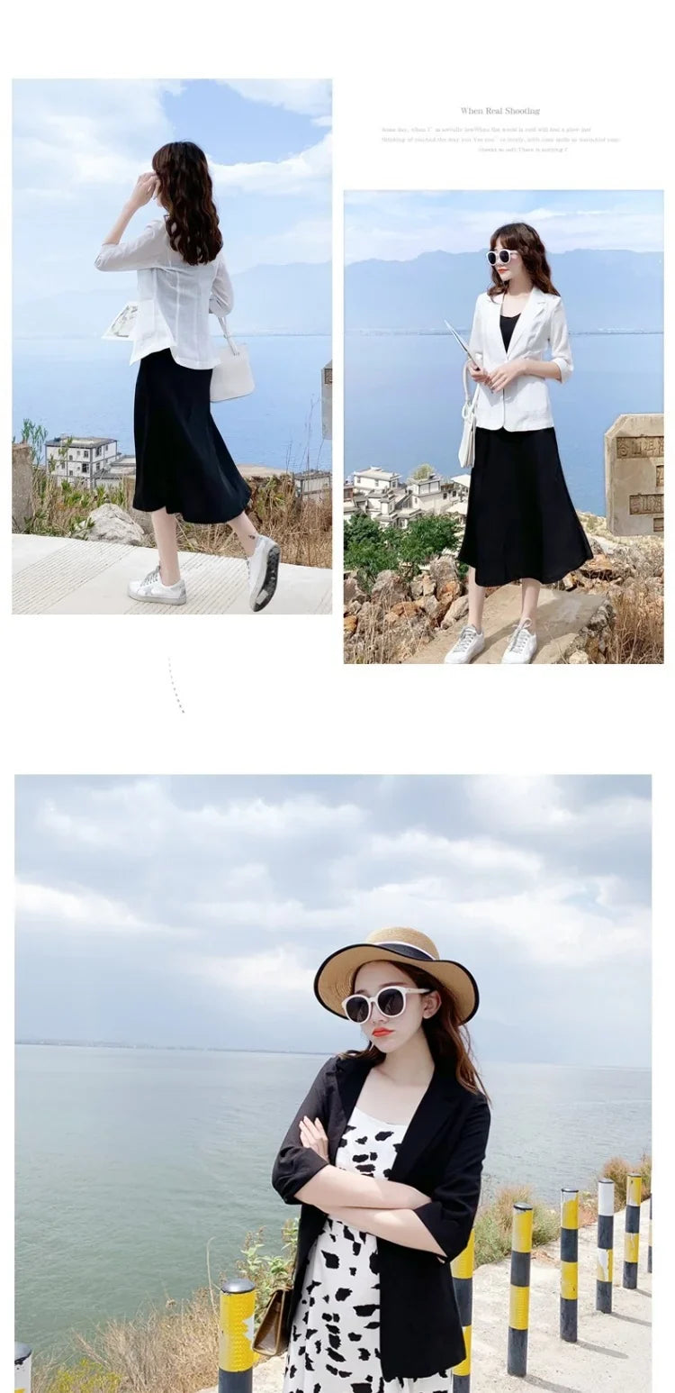Summer New Sle Women's Linen Suit Jaet Thin Seven-Quarter Sve Drapey Fit Formal Wear Casual Commute Pure Color