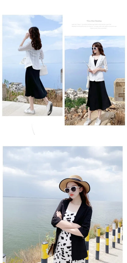 Summer New Sle Women's Linen Suit Jaet Thin Seven-Quarter Sve Drapey Fit Formal Wear Casual Commute Pure Color