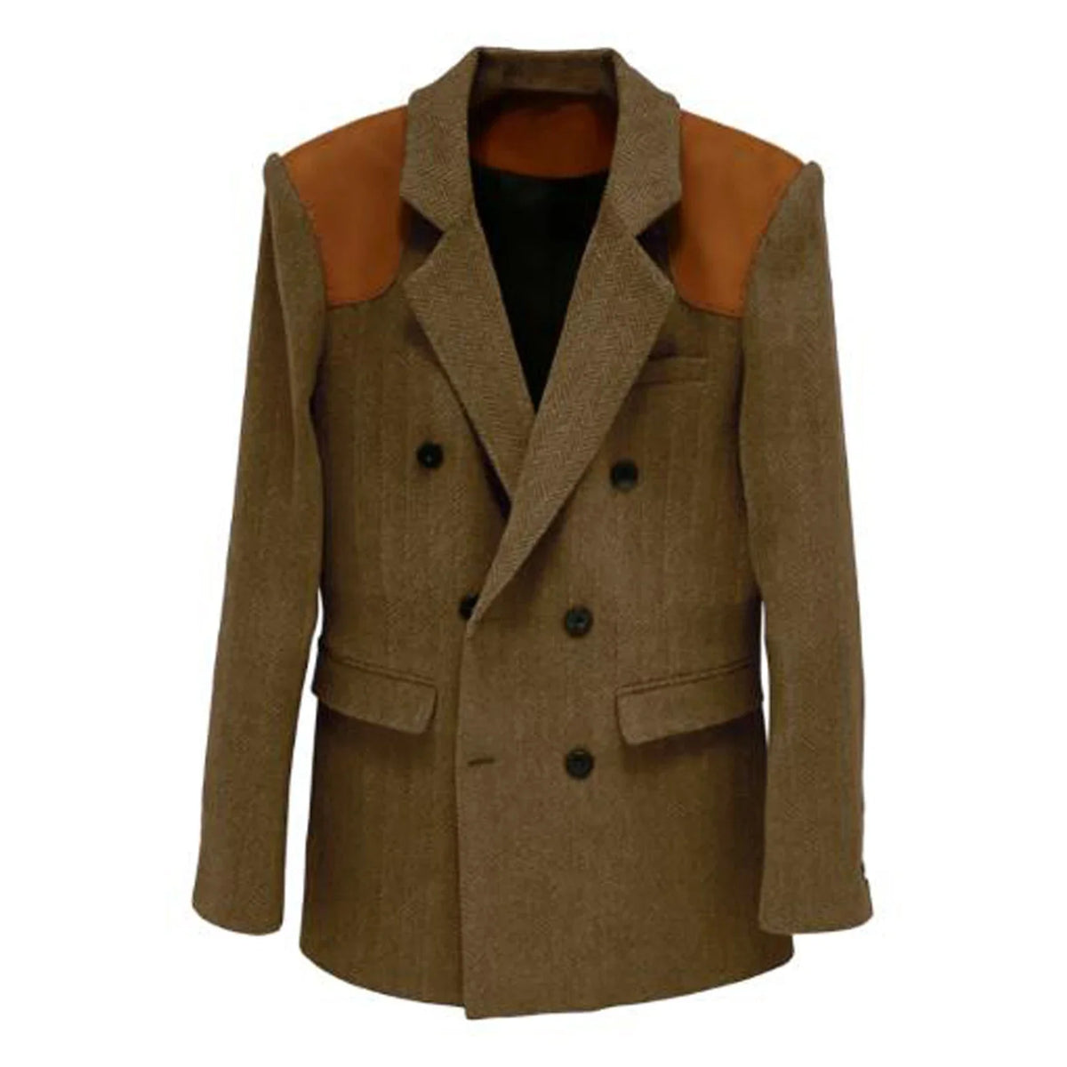 Men's Vintage Herringbone Blazer Contrast Shoulder Patches Double Breasted Wool Blend Suit Jacket Slim Fit Casual Business Coat