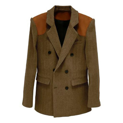 Men's Vintage Herringbone Blazer Contrast Shoulder Patches Double Breasted Wool Blend Suit Jacket Slim Fit Casual Business Coat