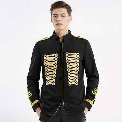 Men's European Style Stand Collar Zipper Blazer Golden Rope Detail Cosplay Middle Ages Tuxedo for Stage Performances And Parties