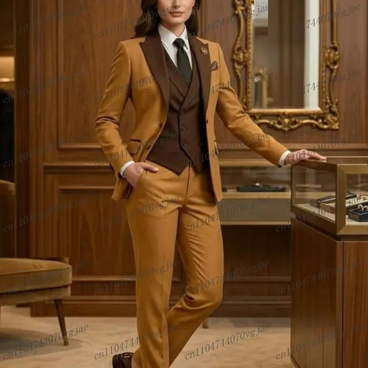 New Gold And Brown Formal Business Women Suit Wedding Party Prom Ladies Mother Girl Tuxedos 3 Piece Set Blazer Vest Pants