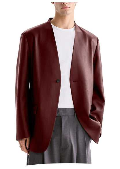 Men's PU Leather Collarless Blazer Single Button Loose Fit Jacket for Wedding Party Office